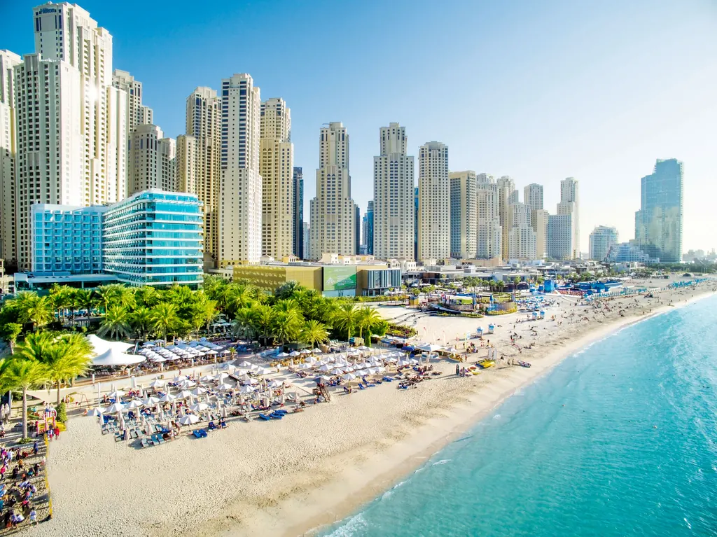 The beach at Jumeirah Beach Residence, Dubai, beneath its towers